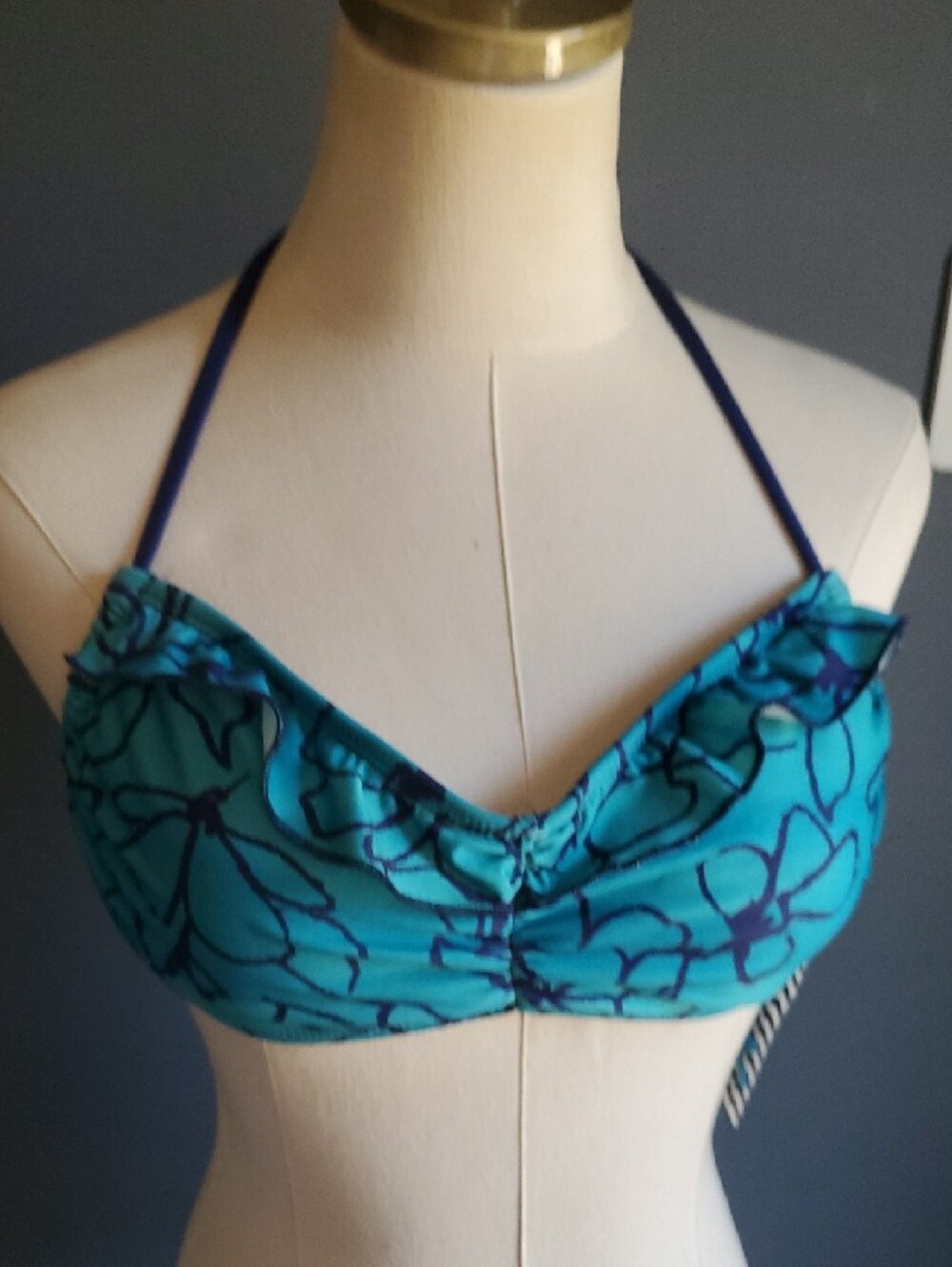 Nwt Splendid Teal Floral Bandeau Bikini with Navy Straps Size M - Picture 6 of 11